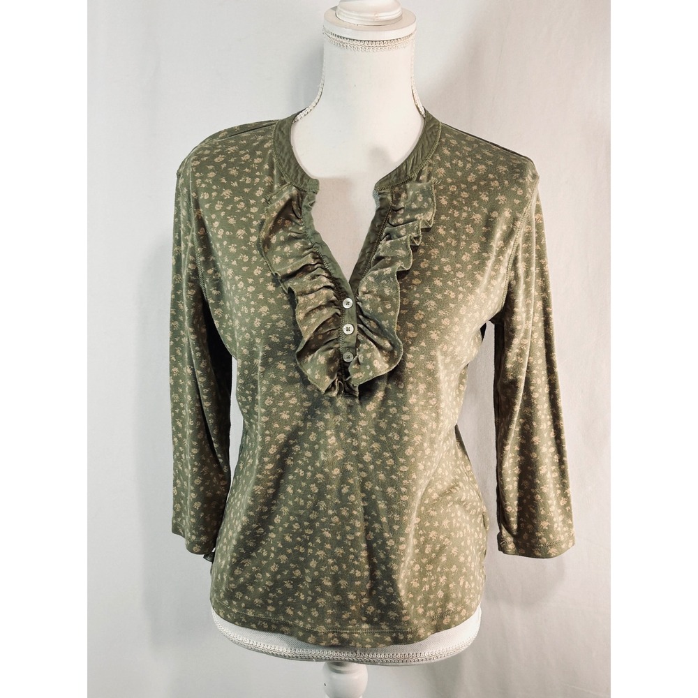 Chaps‎ Denim Womens Large Olive Green Floral Ruffle V-Neck Button Top Cotton L